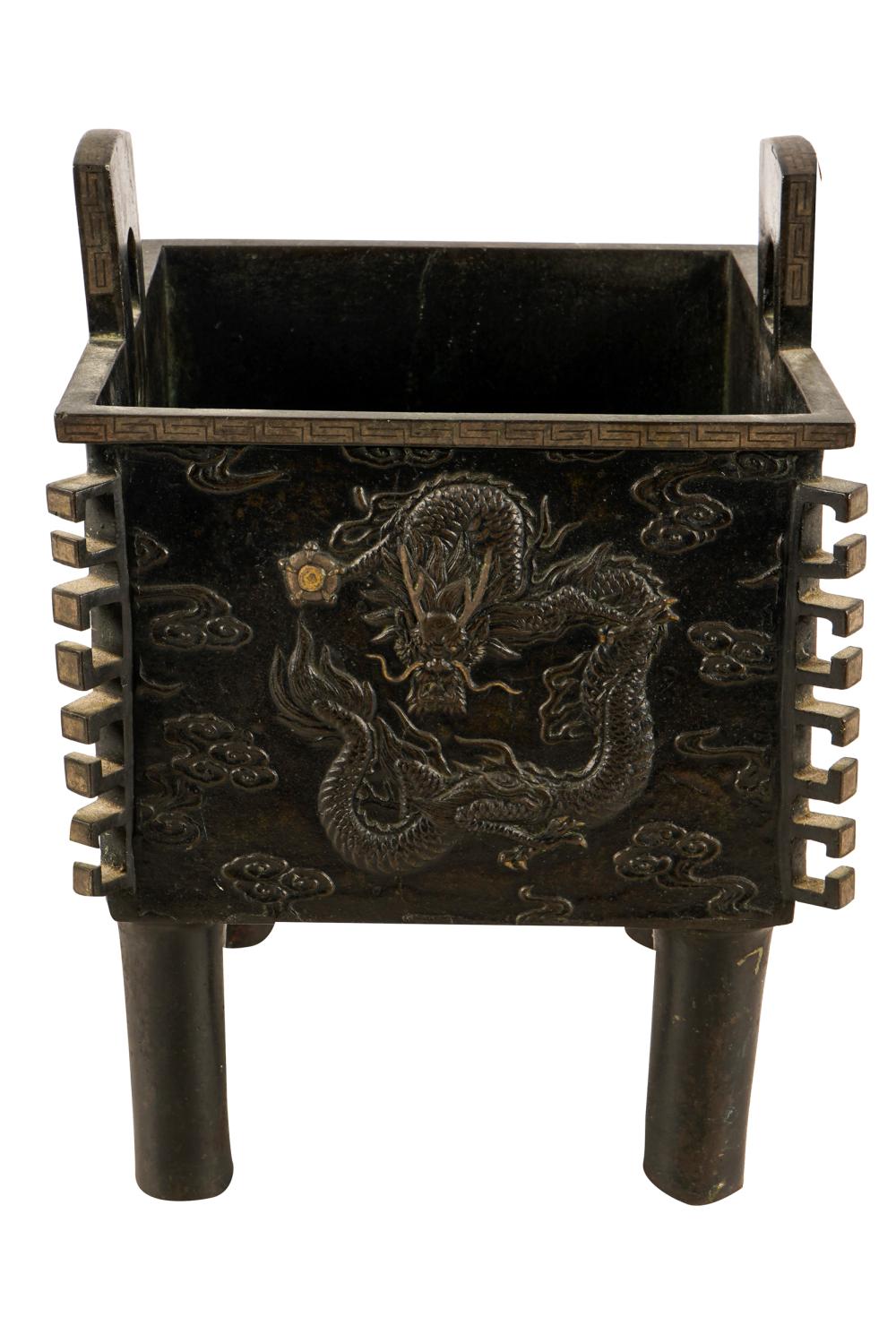 Appraisal: CHINESE BRONZE DRAGON CENSERwith inset champleve decoration around upper rim