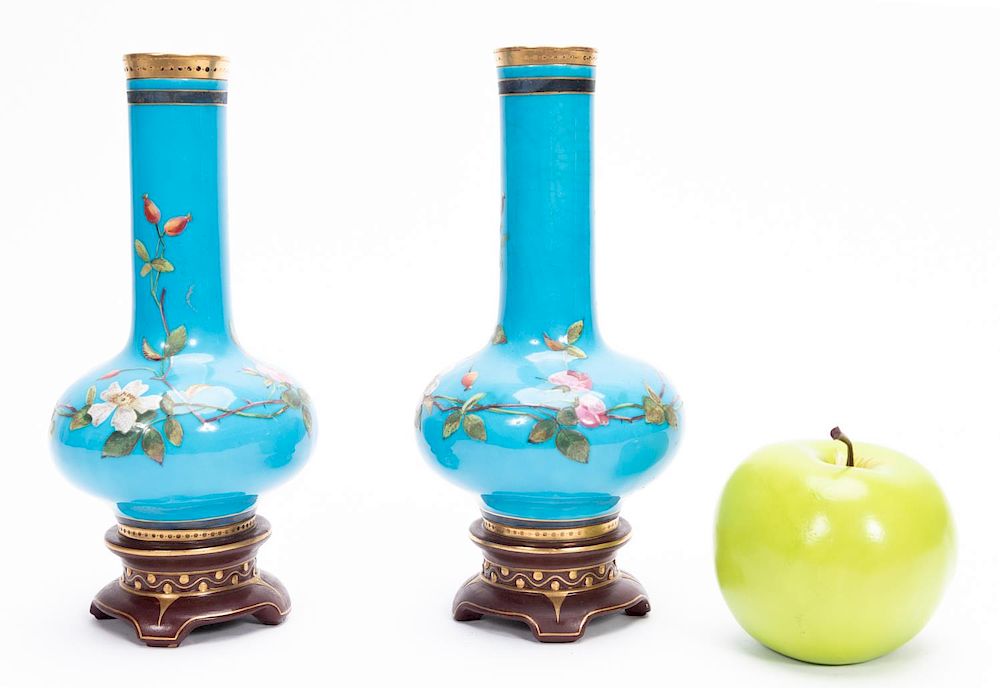 Appraisal: Pair Minton Turquoise Ground Bottle Vases c Circa Minton British