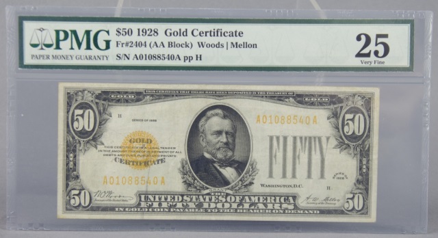 Appraisal: Series Gold CertificateFR AA Block Certified and graded VF by