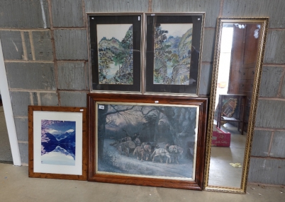 Appraisal: A collection of framed items to include oak framed print