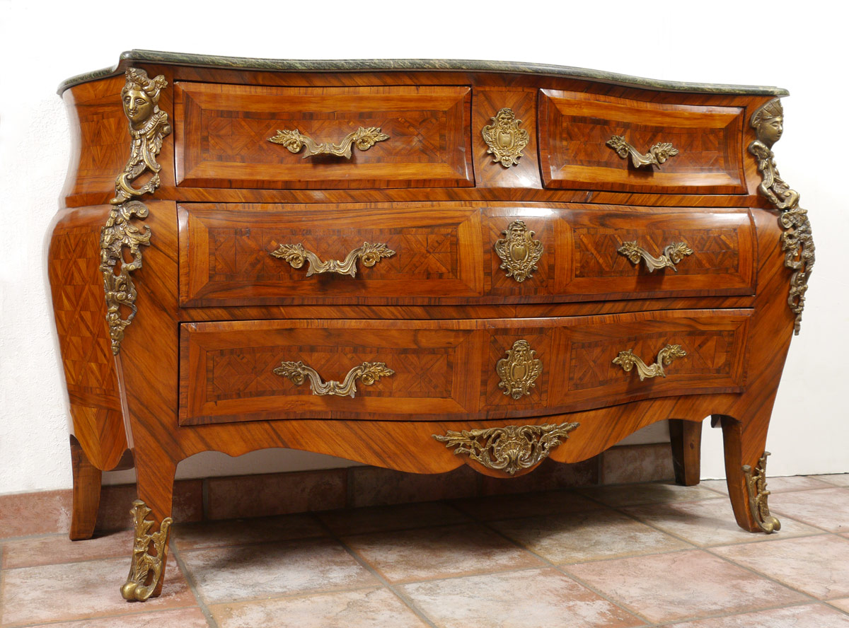 Appraisal: LOUIS XV STYLE MARBLE TOP BOMBE CHEST Green variegated marble