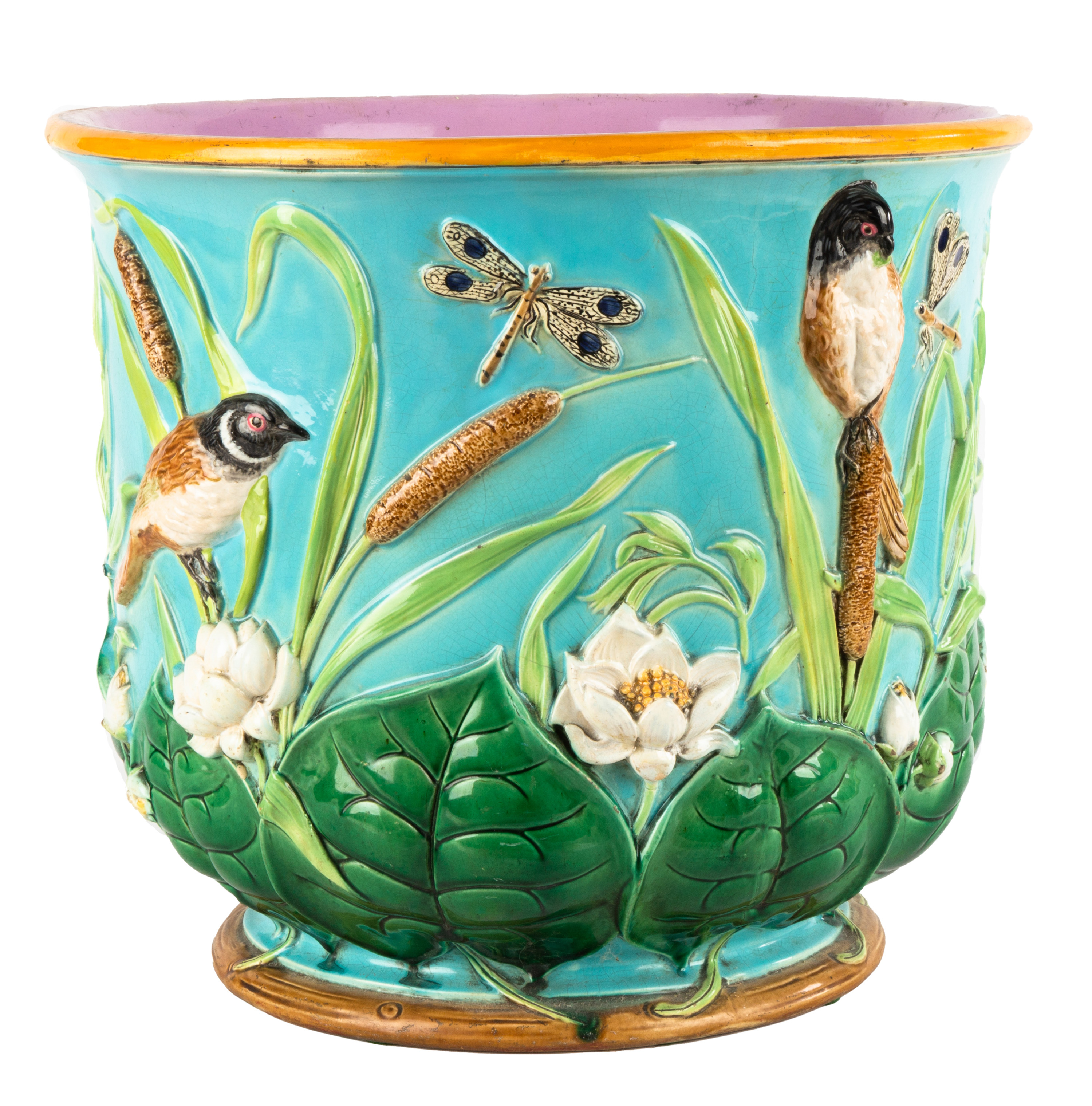 Appraisal: GEORGE JONES MAJOLICA JARDINIERE th century Decorated with birds and