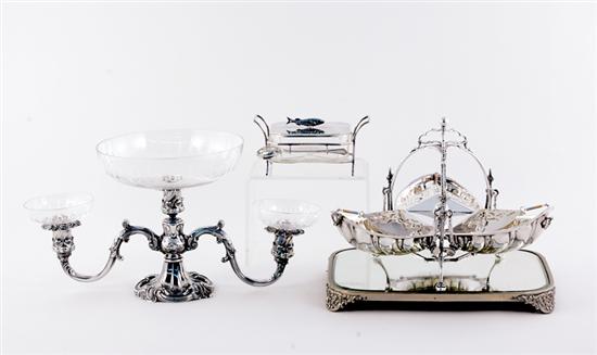 Appraisal: Silverplate sardine server biscuit box and plateau biscuit box H