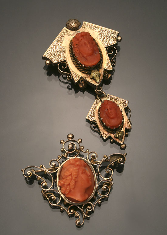 Appraisal: Two Victorian Tested -Karat Yellow-Gold and Coral Cameo Brooches Last