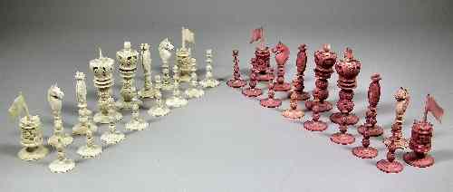 Appraisal: A Chinese ''Cantonese'' natural and red stained ivory chess set