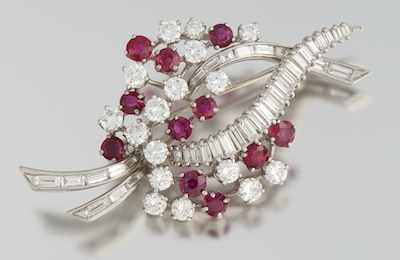 Appraisal: An Estate Diamond and Ruby Brooch k white gold brooch