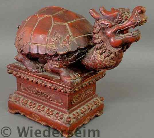 Appraisal: Asian carved wood turtle dragon figure mid th c with