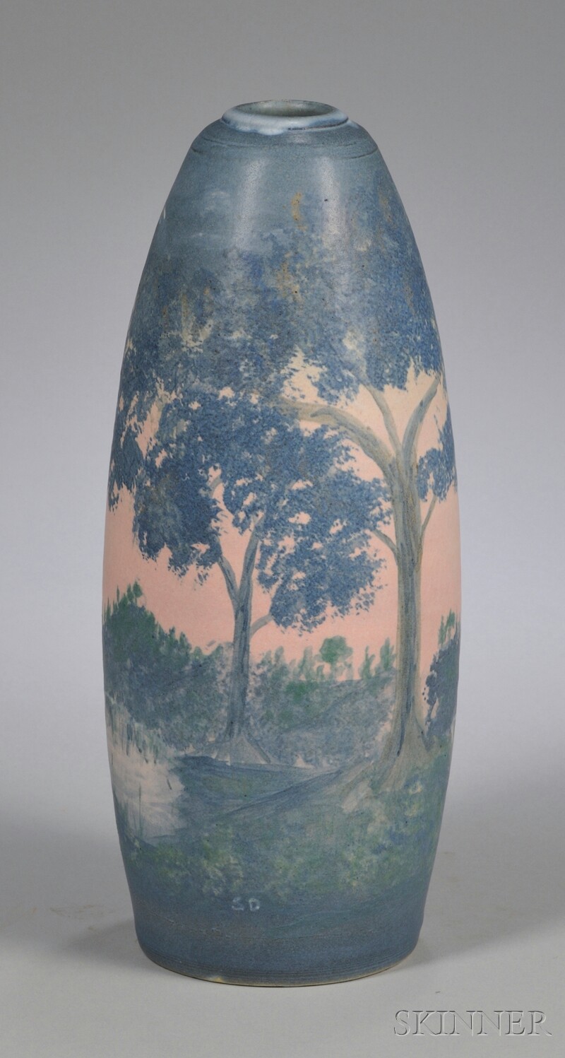 Appraisal: Ephraim Faience Pottery Vellum-style Landscape-decorated Vase impressed marks ht in