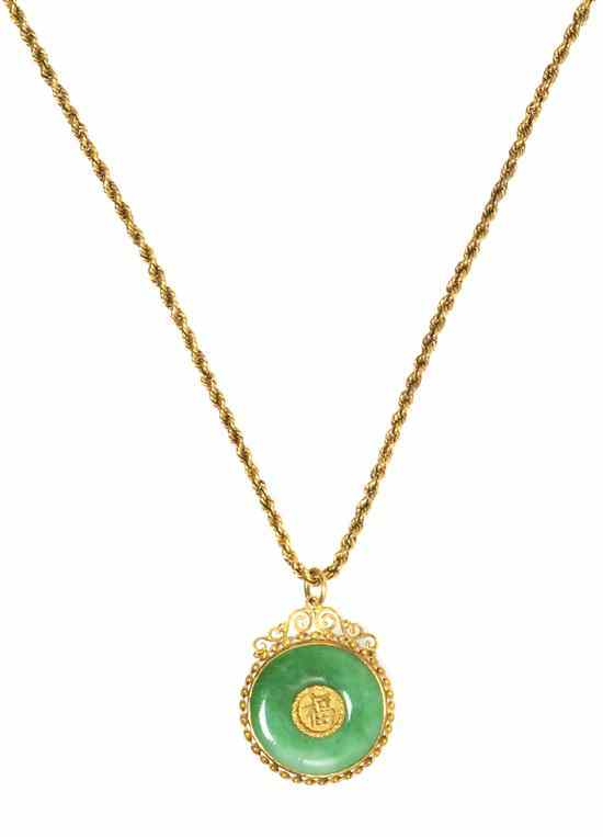 Appraisal: A Karat Yellow Gold and Jade Bi Pendant with Fu