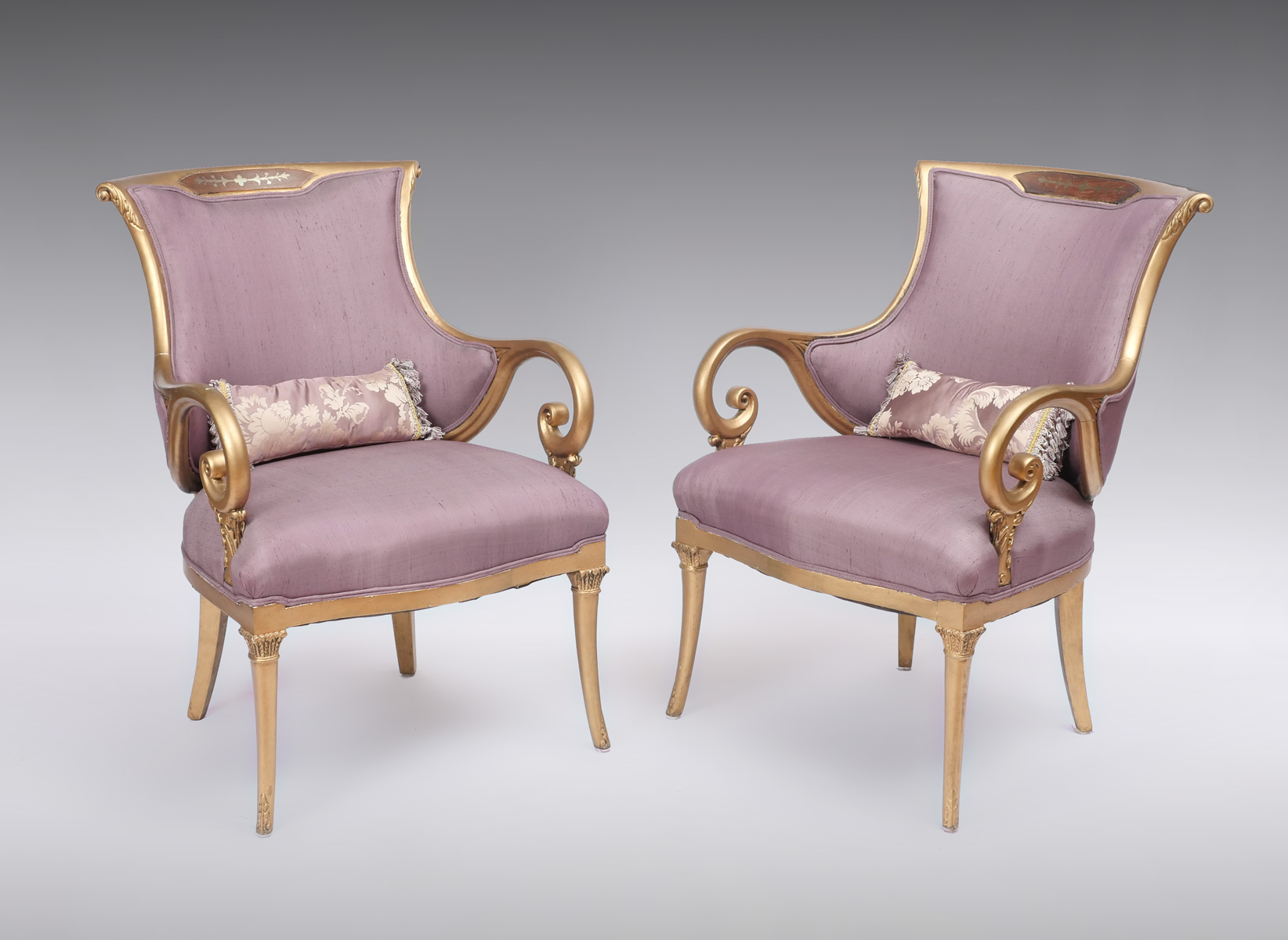 Appraisal: PAIR NOUVEAU ERA SCROLL ARM CHAIRS armchairs having an inlaid