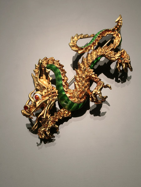 Appraisal: -Karat Yellow-Gold and Green-White-Rust Enamel 'Dragon' Brooch Weight dwt Length