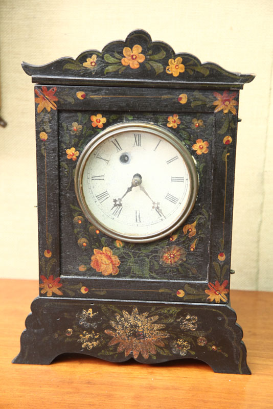 Appraisal: MANTLE CLOCK Eight day clock with brass works tin dial