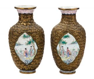 Appraisal: A Pair of Enamel and Repousse Copper Vases A Pair