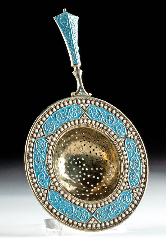 Appraisal: th C Russian Gilt Silver Tea Strainer w Cloisonne Eastern