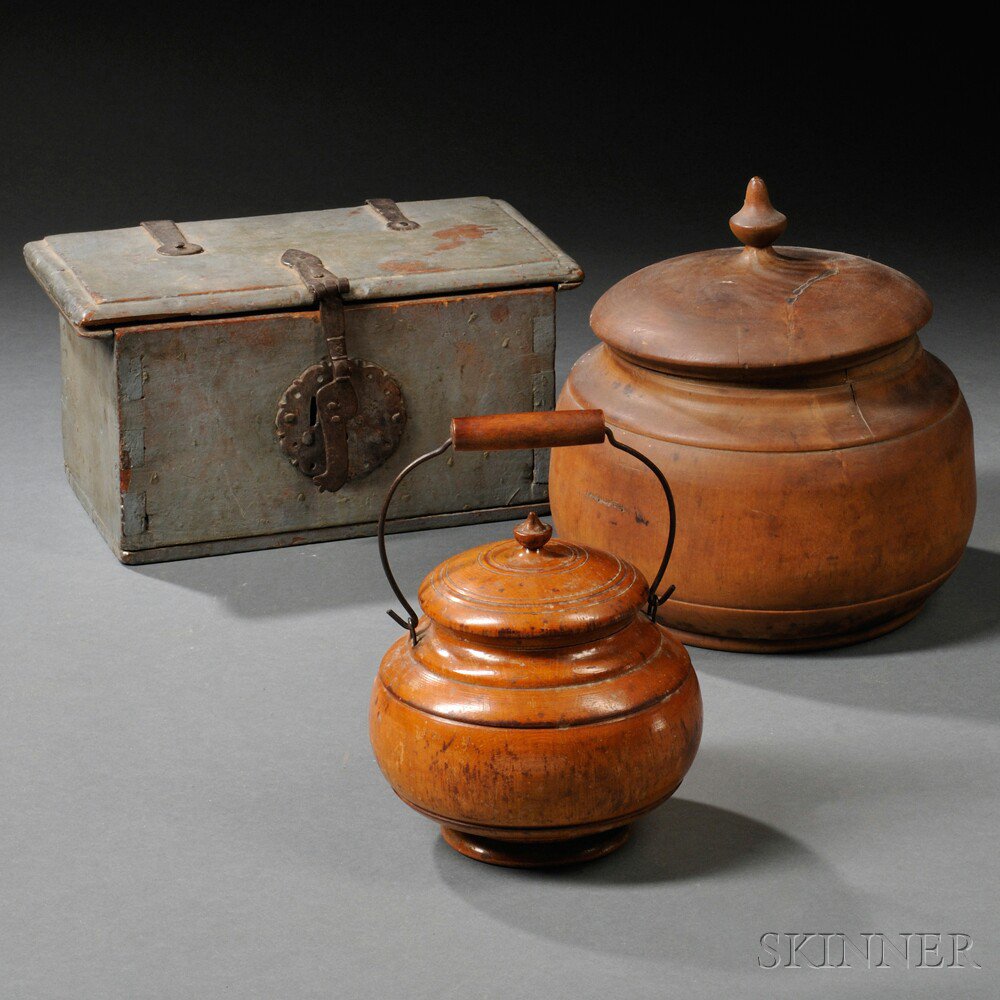 Appraisal: Wrought Iron Mounted Blue-painted Box and Two Covered Treen Containers