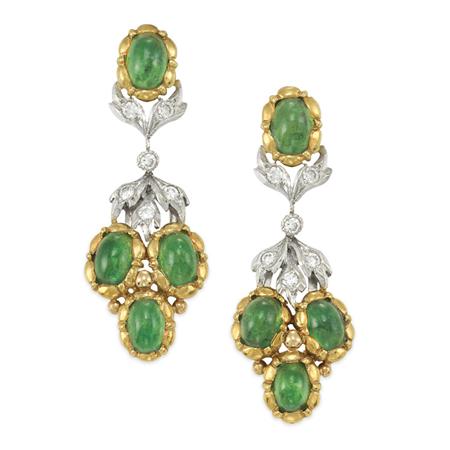 Appraisal: Pair of Two-Color Gold Cabochon Emerald and Diamond Pendant-Earclips Gianmaria