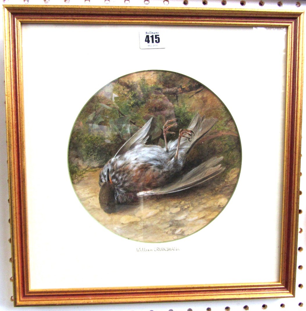 Appraisal: William Cruickshank - Still life of dead bird watercolour circular