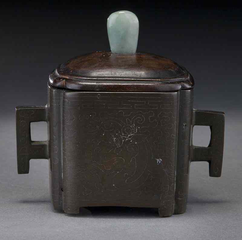 Appraisal: Chinese Qing silver inlaid bronze censerwith a wood lid and