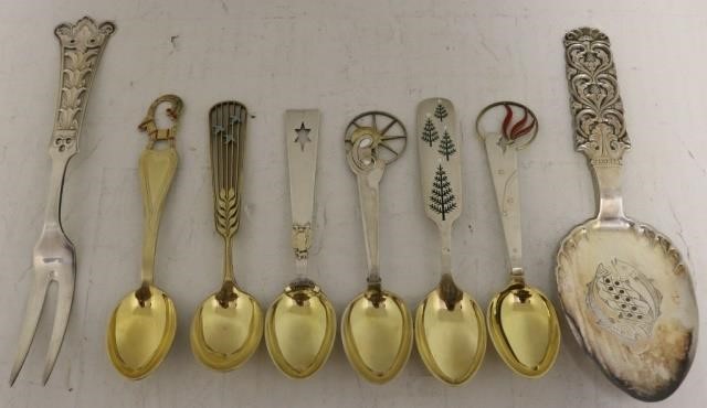 Appraisal: PIECE SCANDINAVIAN SILVER FLATWARE LOT TOINCLUDE HOLIDAY SPOONS WITH GOLD