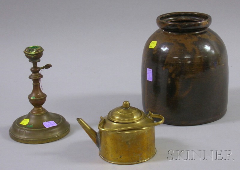 Appraisal: Brass Candlestick Small Teapot and a Stoneware Crock