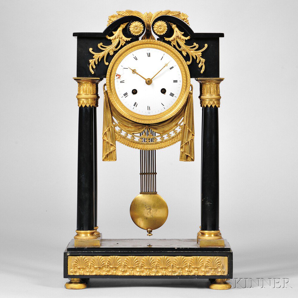 Appraisal: Ormolu-mounted Black Marble Portico Clock France c scroll top with