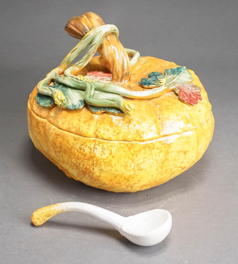 Appraisal: ITALIAN MAJOLICA GOURD FORM TUREEN WITH LADLE H IN CM