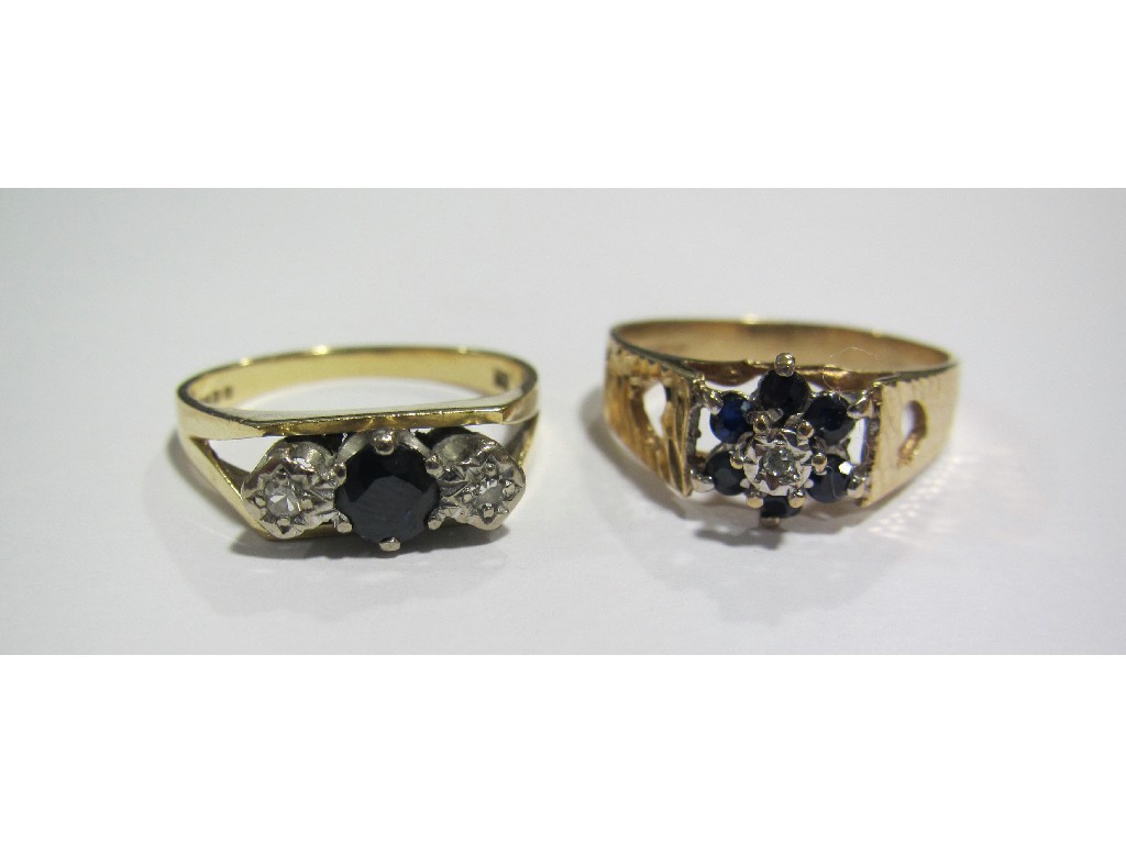 Appraisal: Lot comprising ct gold diamond and sapphire three stone ring