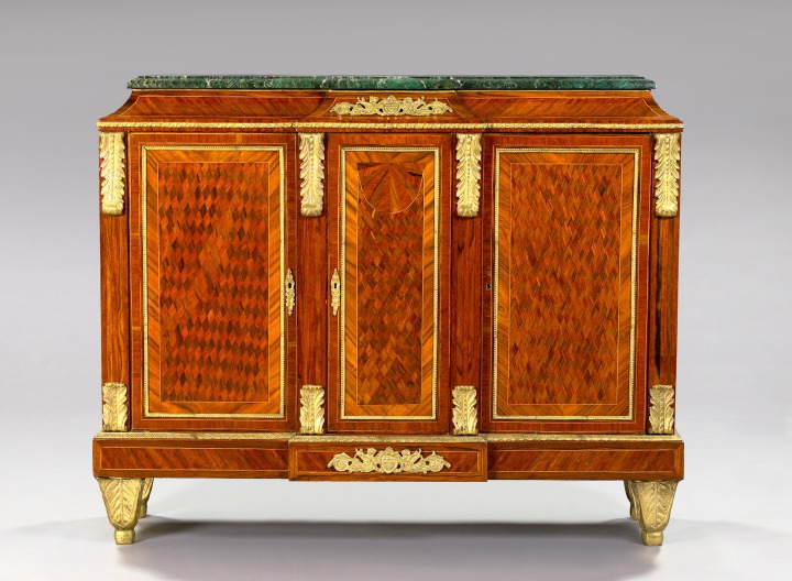 Appraisal: Continental Gilt-Brass-Mounted Mahogany Kingwood Parquetry-Veneer and Marble-Top Salon Cabinet th