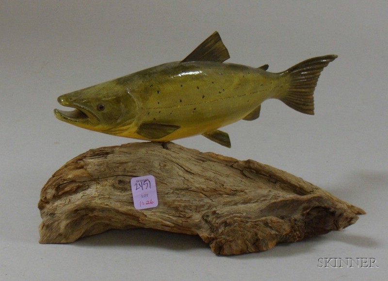 Appraisal: Carved and Painted Wooden Salmon Figure Mounted on Driftwood Will