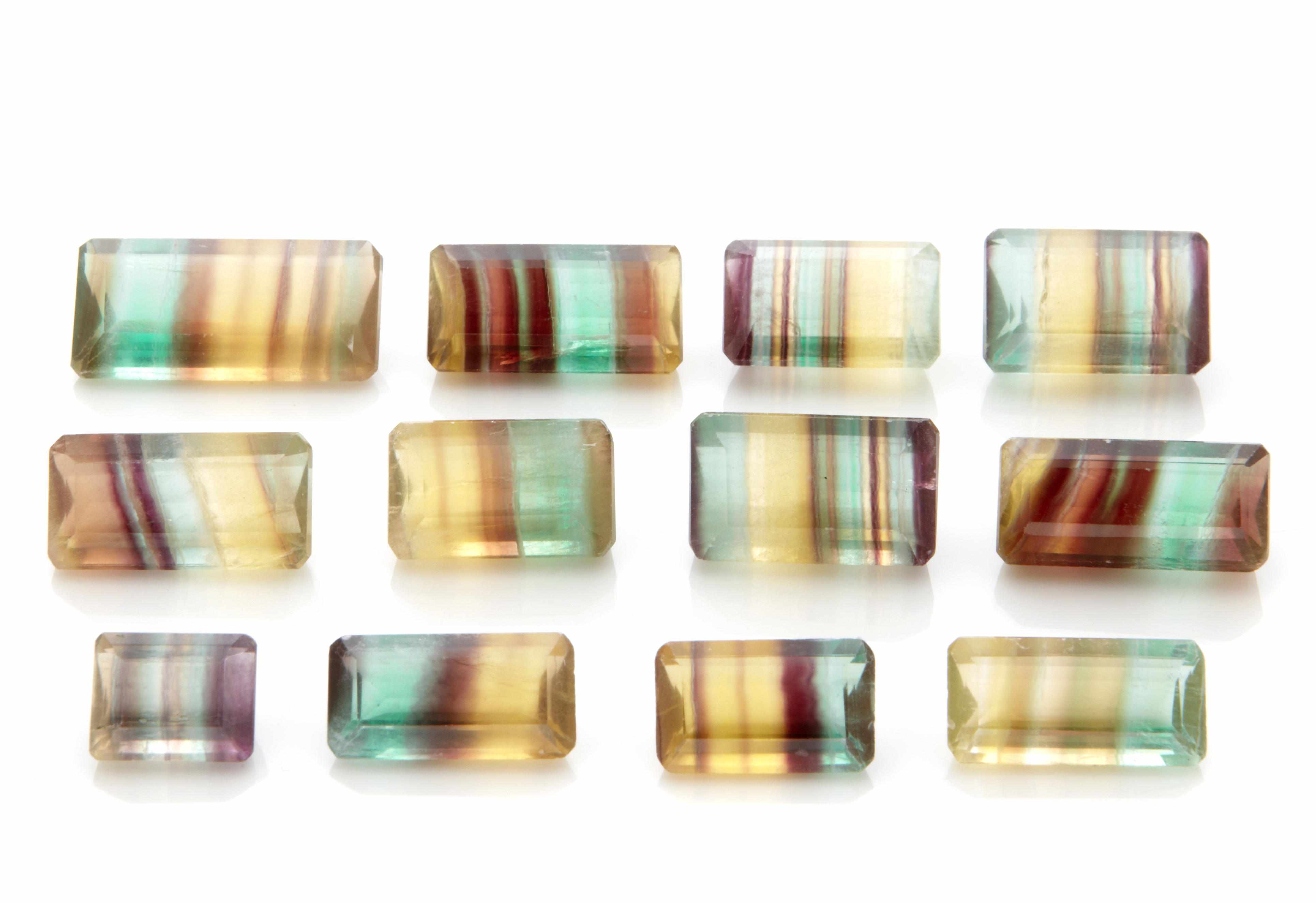 Appraisal: Group of Faceted Fluorites Argentina Twelve rectangular-cut fluorites which display