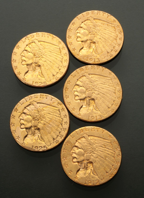 Appraisal: Five U S Indian Head Two-and-One-Half-Dollar Gold Coins One dated