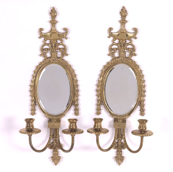 Appraisal: PAIR OF GLO MAR BRASS MIRRORED WALL SCONCES x Cast