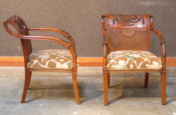 Appraisal: A pair of Regency style polychrome decorated armchairs height in