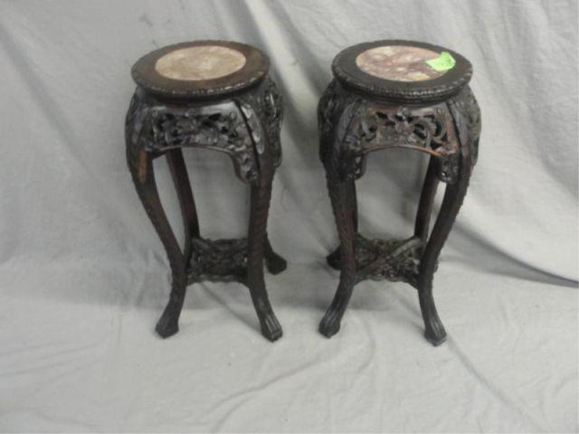 Appraisal: Pair of Asian Style Marbletop Carved End Tables From a