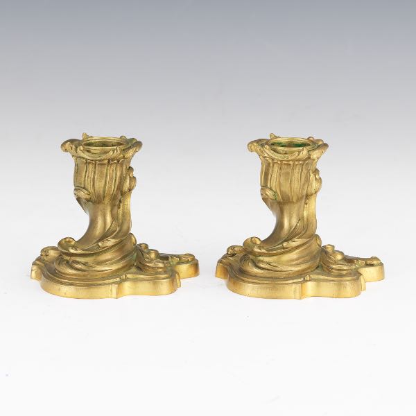 Appraisal: BRONZE ACANTHUS LEAF CANDLEHOLDERS H x x A pair of