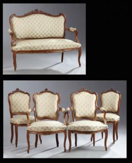 Appraisal: Five Piece French Louis XV Style Carved Walnut Sal Five