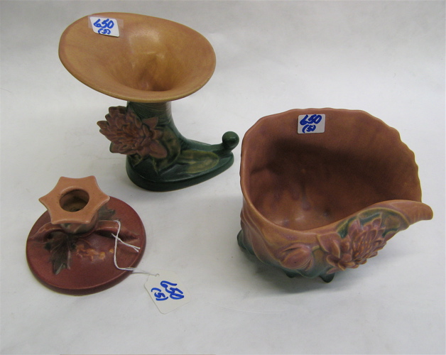 Appraisal: FIVE PIECES ROSEVILLE POTTERY cornucopia vase - two conch shell