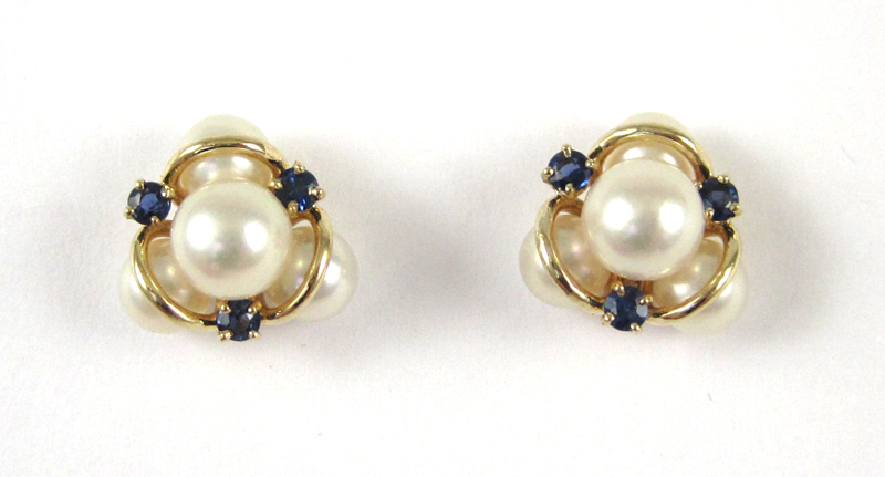 Appraisal: PAIR OF PEARL AND SAPPHIRE EARRINGS each k yellow gold