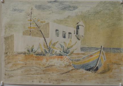 Appraisal: REX WOOD MOORED BOAT AND SEASIDE HOME MONOTYPE x cm