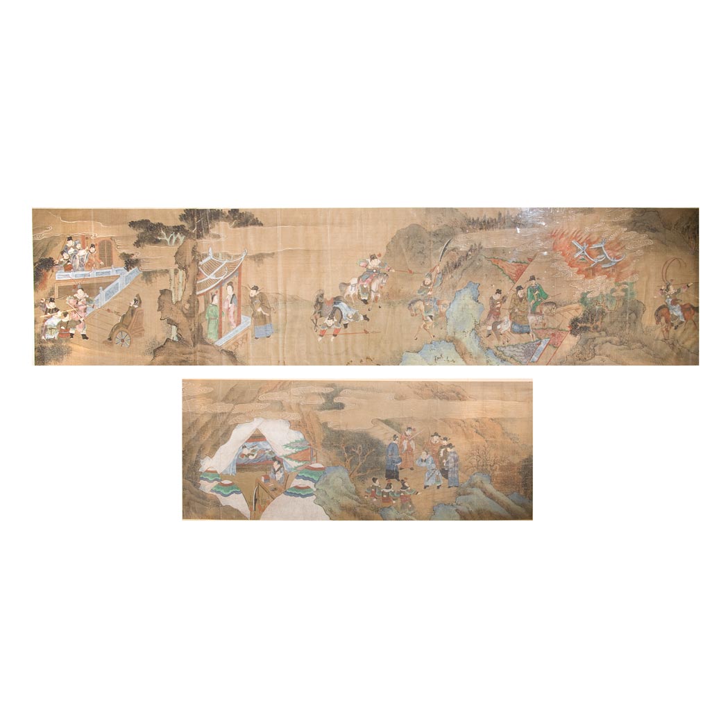 Appraisal: Chinese School Hand scroll fragments figures in landscape settings Two