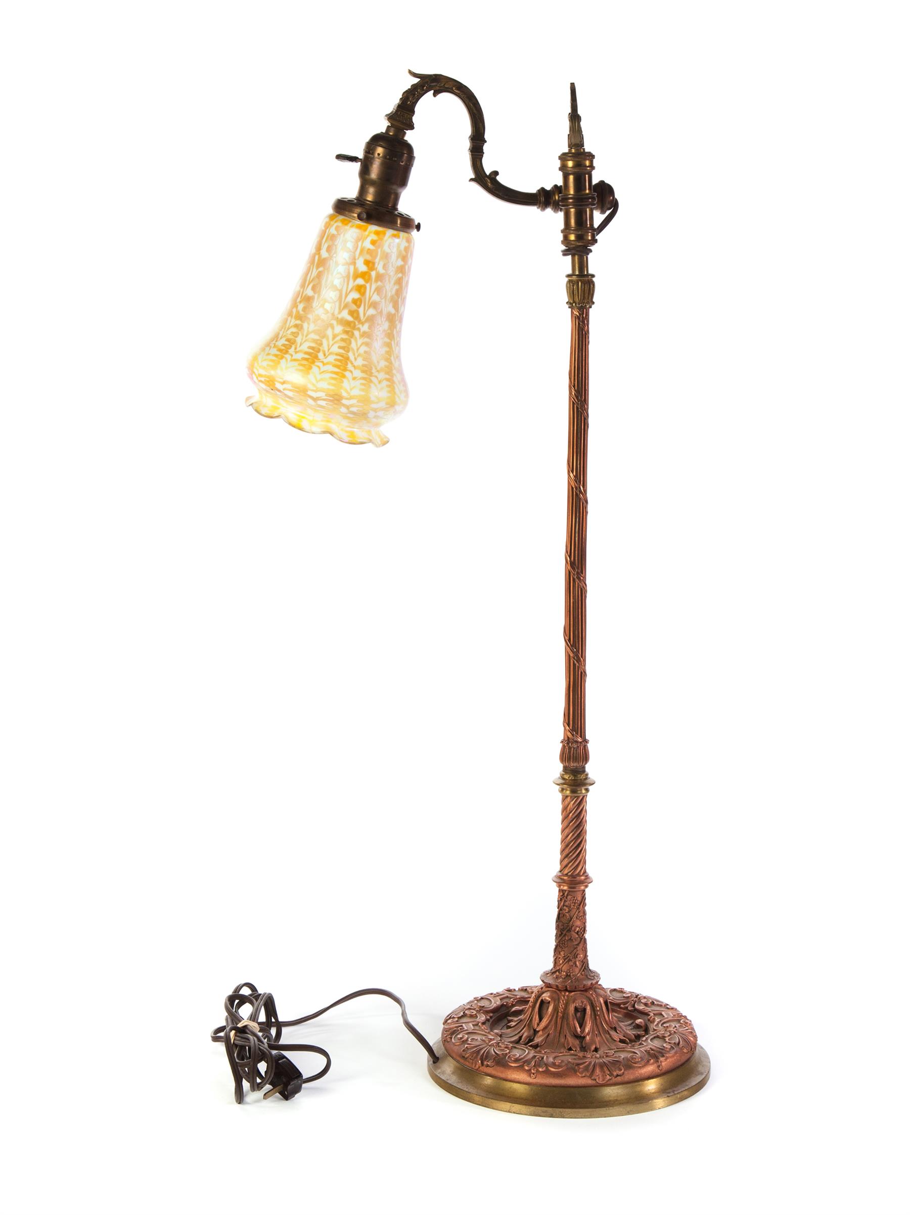 Appraisal: TABLE LAMP WITH QUEZAL TRUMPET SHADE American st quarter- th