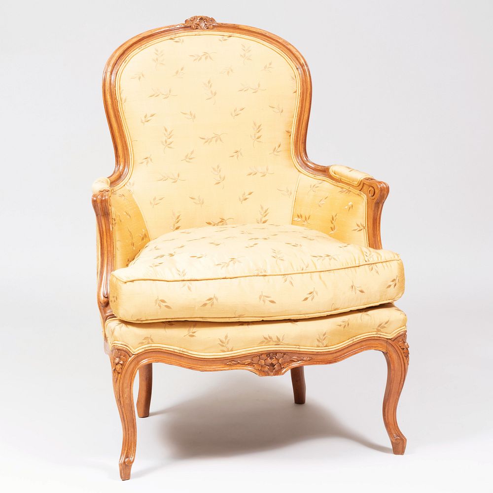 Appraisal: Louis XV Style Beechwood Berg re Upholstered in silk fabric