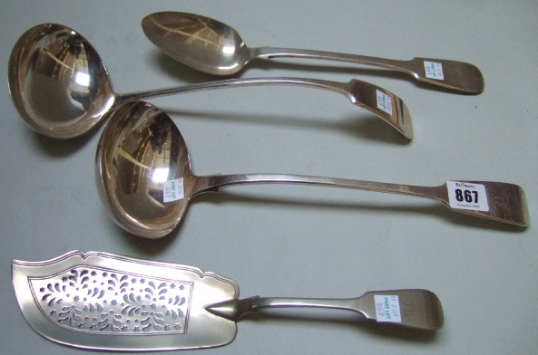 Appraisal: Fiddle pattern plated flatware comprising two soup ladles a basting