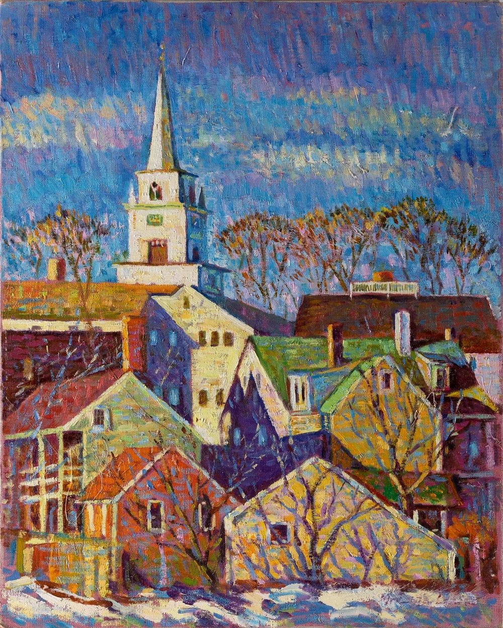 Appraisal: M ZENA LESSER Massachusetts Contemporary Town scene of rooftops and