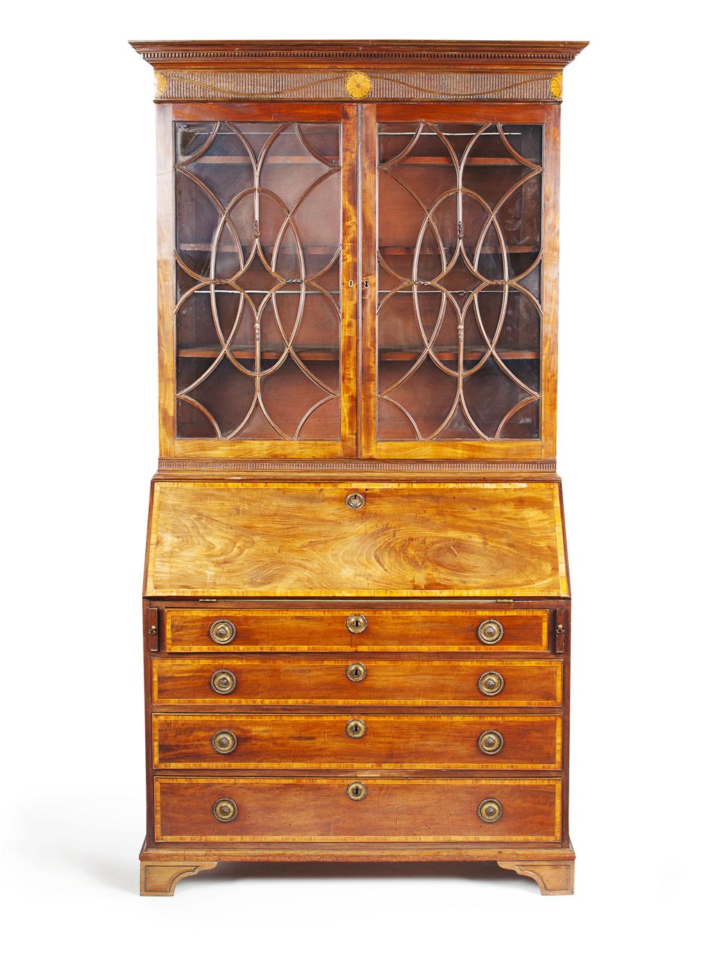 Appraisal: LATE GEORGE III MAHOGANY AND SATINWOOD BUREAU BOOKCASE LATE TH