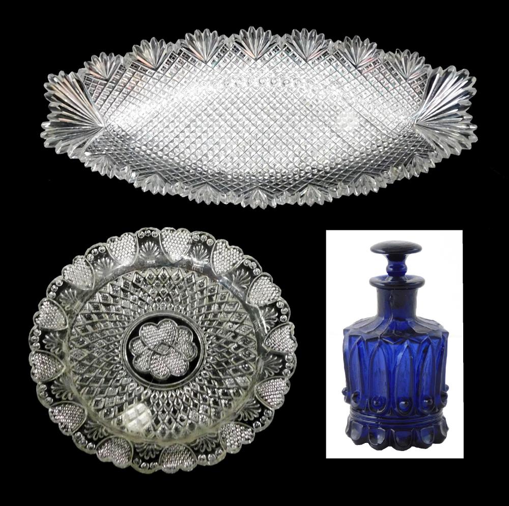 Appraisal: GLASS Three pieces including cobalt cologne bottle possibly Sandwich pontil