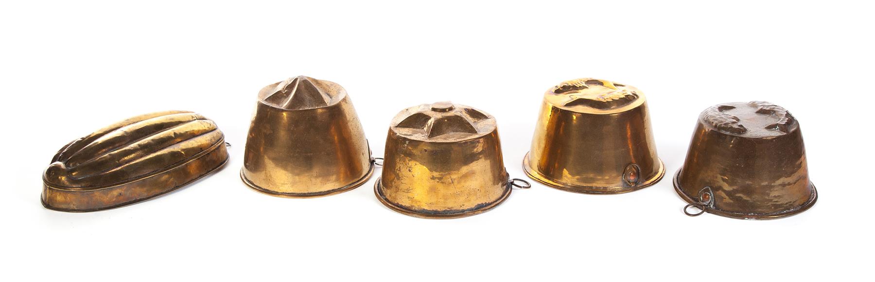 Appraisal: FIVE BRASS FOOD MOLDS WITH TINNED LINERS European th century