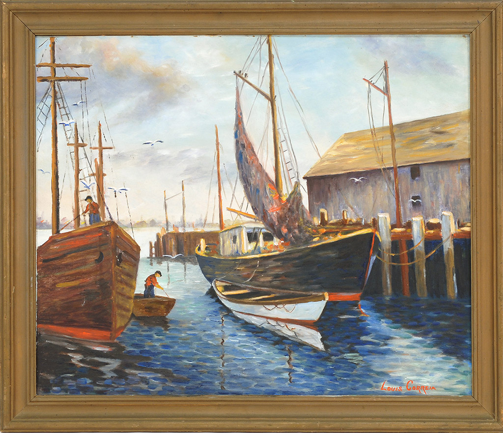 Appraisal: FRAMED PAINTING UNTRACED ARTIST Fisherman pulling up alongside a dock