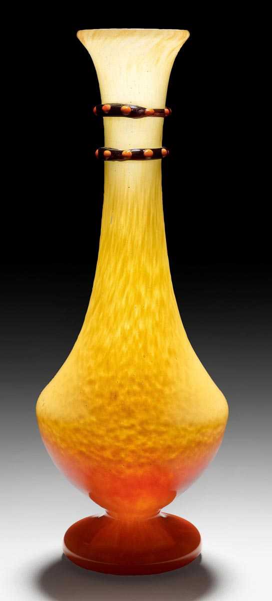 Appraisal: SCHNEIDER JADES VASE circa Yellow glass with orange appliqu Signed