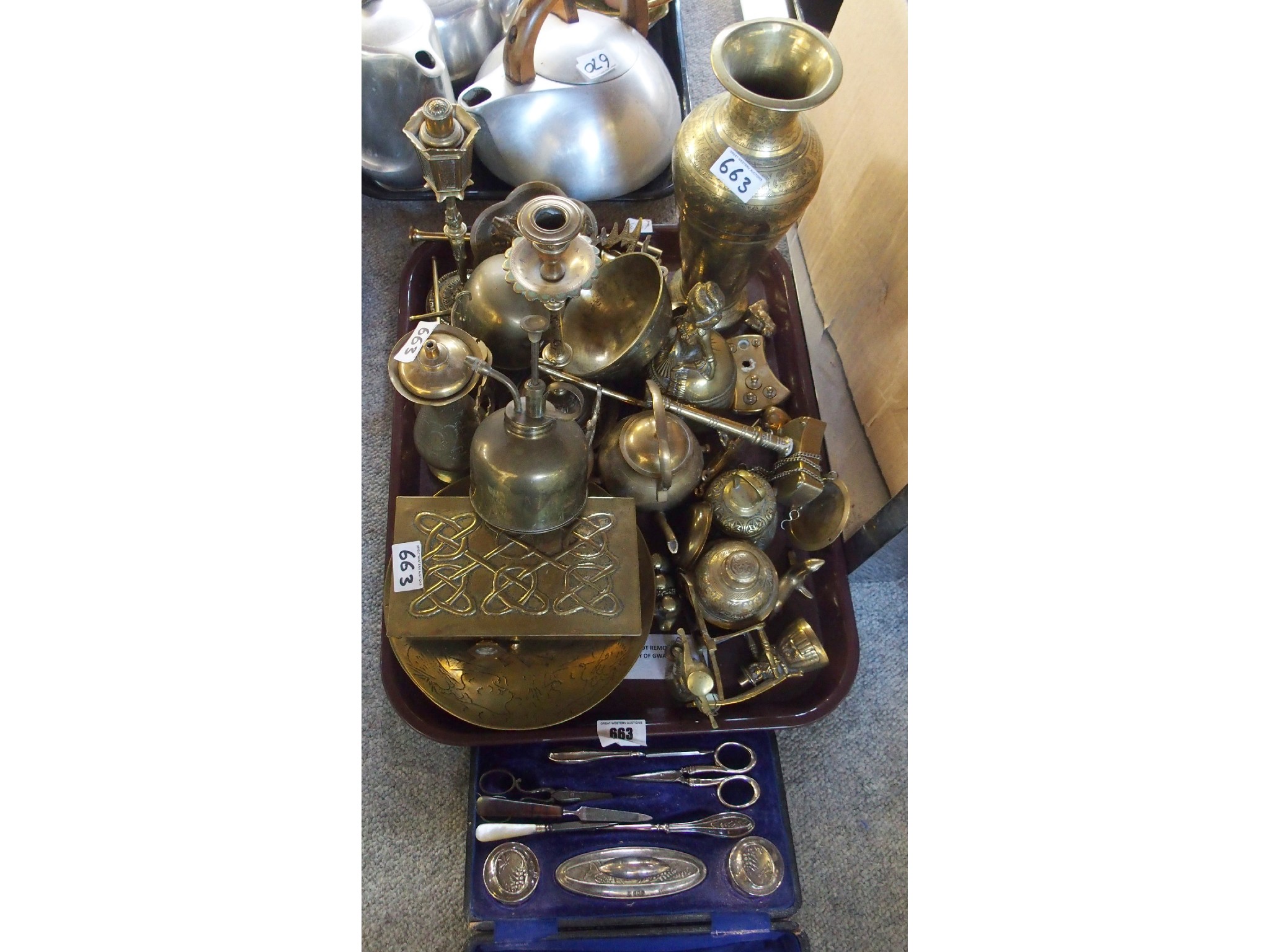 Appraisal: Tray comprising various brasswares including vase candlestick two oil canisters